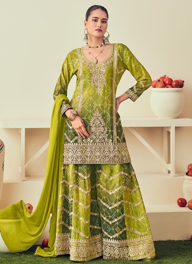 Chinnon Green Wedding Wear Embroidery Work Readymade Plazzo Suit